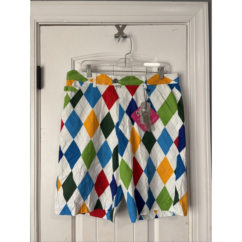 Royal & Awesome Golf Shorts - Argyle Diamond - Blue Green Red Yellow - Size 34